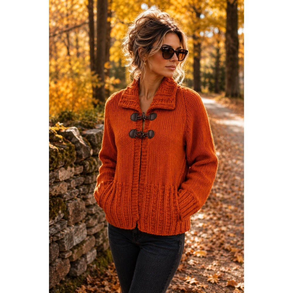 Marisa Christina Hand Knit Toggle Cardigan Sweater Orange L